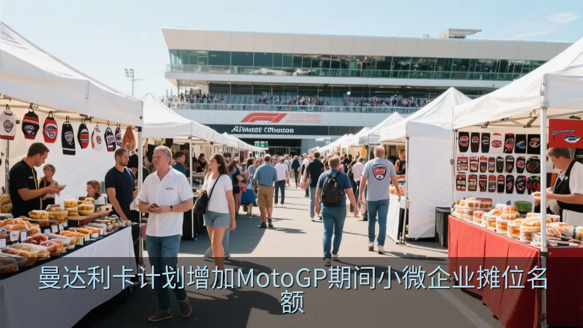 大型体育赛事场馆入口附近的多元化市集摊位